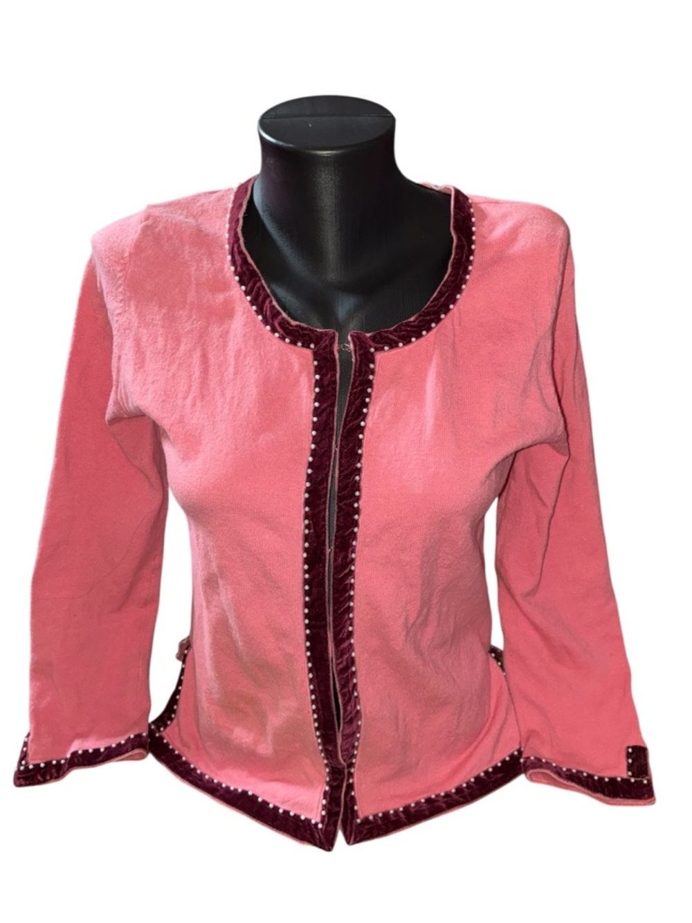 Pink Velvet-Trim Long Sleeve Cardigan with mini pearl accents